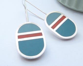 Striped Teal and Orange Minimalist Silver Earrings - Loop Drop Earrings