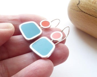 Teal and Orange Resin Earrings: Sterling Silver Colourblock Jewellery