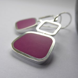 Magenta Pink Square Silver & Resin Earrings Geometric Jewellery Colourblock Square Drops image 2