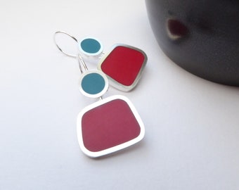 Square Colourful Earrings in Teal Blue and Red - Modern Earrings - Colourblock Earrings