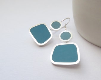 Square Colourful Earrings in Aqua and Teal Blue - Modern Earrings - Colourblock Earrings