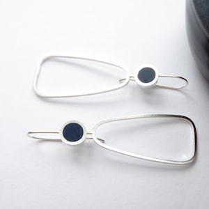 Sterling Silver Hoop Earrings: Ink Blue Resin, Mid Century Modern Pop Long Hoops