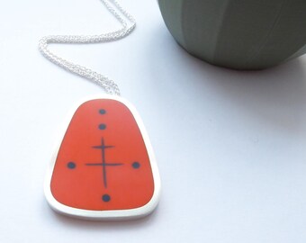 Orange Geometrische Retro Halskette in Silber & Resin - Großer Atomic Anhänger