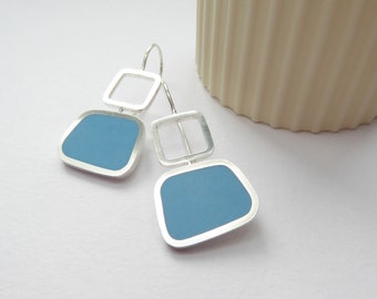 Pool Blue Square Silver & Resin Earrings - Geometric Jewellery - Colourblock Square Drop Earrings