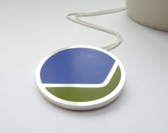 Handcrafted Blue and Green Color Block Pendant - Recycled Sterling Silver Statement Necklace - Colourblock Round Pendant