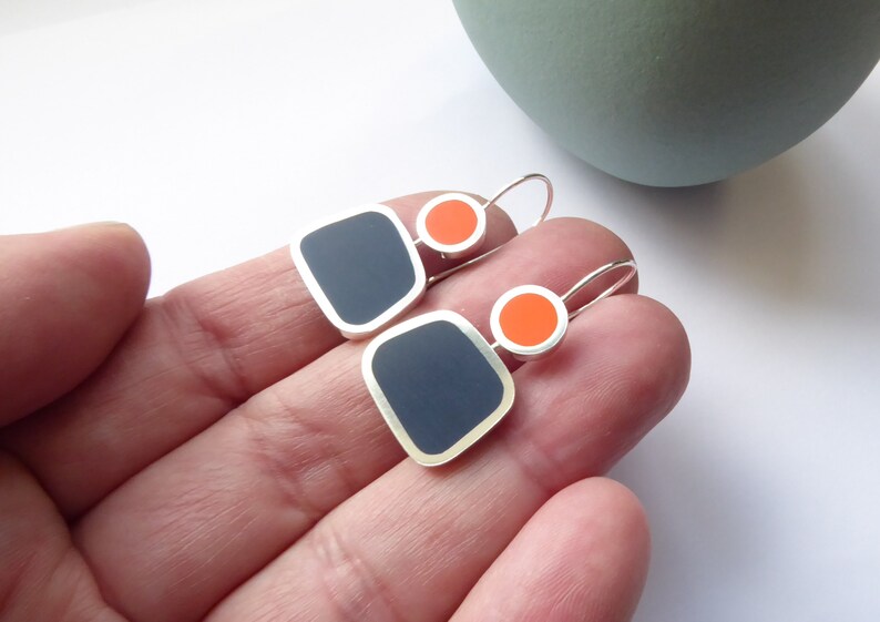 Square Colour Block Earrings in Orange & Ink Blue Gift for Her Colourblock Earrings image 5
