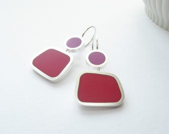 Sterling Silver Geometric Earrings: Pink and Red, Colourblock  Drops