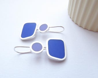 Sterling Silver Resin Earrings: Lilac Sapphire Blue Colourblock Drops