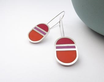 Oval Red Pink Orange Striped Minimalist Silver Earrings - Loop Drop Earrings