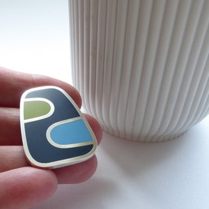 Oblong Brooch in Blue and Green Handmade Colour Block Resin Silver Brooch image 4