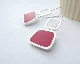 Quadratische rote Harz Ohrringe: Recycelte Sterling Silber Colourblock Tropfen