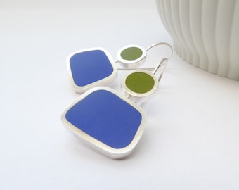 Square Green and Blue Modern Drop Earrings in Silver and Resin -  Colourblock Drop Earrings