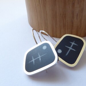 Square Ink Blue and Chalk White Earrings in Silver & Resin - Atomic Short Drops