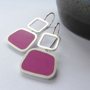 Magenta Pink Square Silver & Resin Earrings Geometric Jewellery Colourblock Square Drops image 1