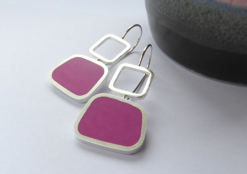 Magenta Pink Square Silver & Resin Earrings Geometric Jewellery Colourblock Square Drops image 1