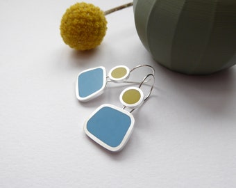 Square Colour Block Earrings in Pool Blue and Yellow - Gift for Her - Colourblock Earrings