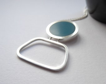 Teal Blue Circle Necklace  - Gift for Her - Colourblock Round Pendant