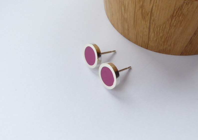 Magenta Pink Round Minimalist Silver Stud Earrings Birthday Gift for Her Pop Small Studs image 2