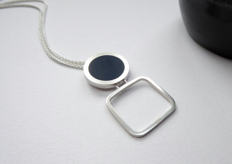 Ink Blue Circle Square Necklace Gift for Her Pop Square Dot Pendant image 2