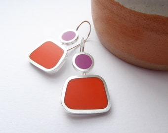 Square Pink and Orange Modern Drop Earrings in Silver and Resin -  Colourblock Drop Earrings