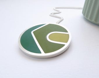 Green and Yellow Statement Necklace Recycled Silver - Colourblock Round Pendant