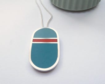 Oval Teal and Orange Minimalist Silver Necklace - Loop Pendant