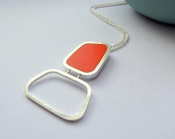 Orange Geometric Statement Pendant - Mid Century Style Recycled Sterling Silver - Colourblock Square Pendant