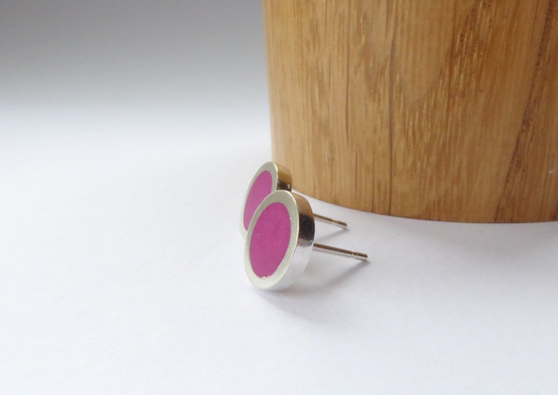 Magenta Pink Round Minimalist Silver Stud Earrings Birthday Gift for Her Pop Small Studs image 4