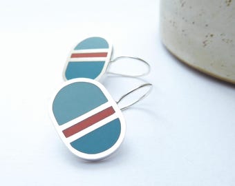 Teal Blue & Orange Striped Silver Earrings - Loop Short Drop Earrings