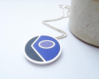 Blue Statement Necklace in Recycled  Silver - Colourblock Round Pendant