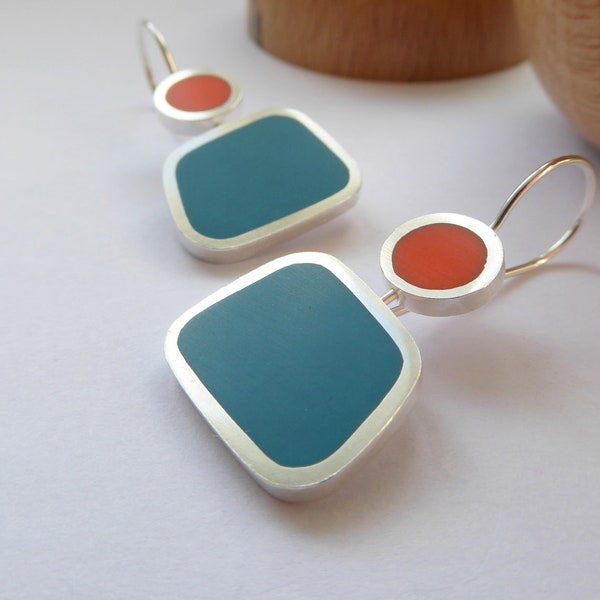 Vierkante kleurblok oorbellen in Teal & Orange - Cadeau voor haar - Kleurblok oorbellen