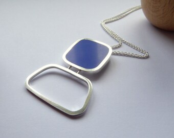 Sapphire Blue Geometric Statement Necklace in Resin & Recycled Sterling Silver - Colourblock Square Pendant