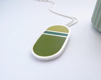 Striped Yellow & Green Minimalist Silver Necklace - Loop Pendant