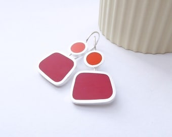 Quadratische Ohrringe in Orange und Rot - Colourblock Hängeohrringe