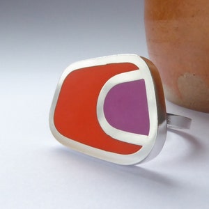 Magenta Pink and Orange Cocktail Ring handmade in Silver & Resin - Colourblock Landscape Ring