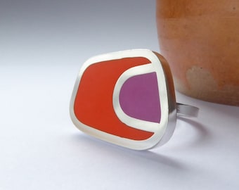 Magenta Pink and Orange Cocktail Ring handmade in Silver & Resin - Colourblock Landscape Ring