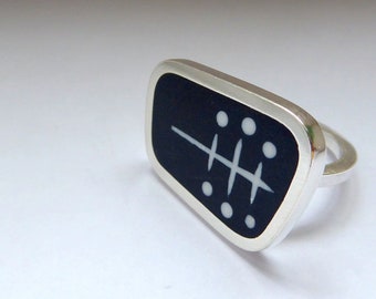 Modern Retro Ink Blue Cocktail Ring - Handmade in Resin and Silver - Atomic Landscape Ring