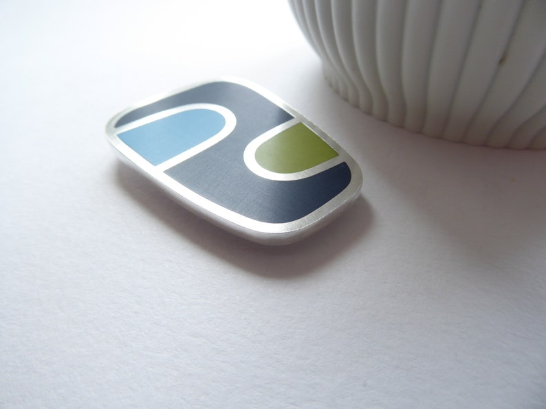 Oblong Brooch in Blue and Green Handmade Colour Block Resin Silver Brooch image 8