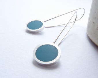 Teal Blue Resin Drop Earrings: Sterling Silver Minimalist Style