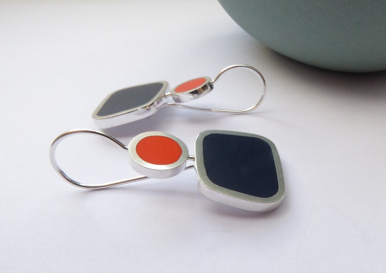 Square Colour Block Earrings in Orange & Ink Blue Gift for Her Colourblock Earrings image 6