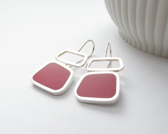 Square Red Earrings - Retro Statement Jewelry - Colourblock Wide Drop Earrings