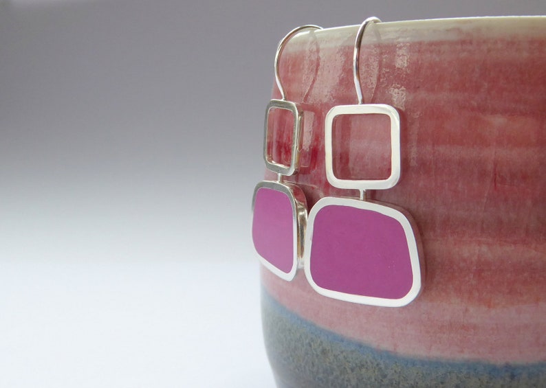 Magenta Pink Square Silver & Resin Earrings Geometric Jewellery Colourblock Square Drops image 4