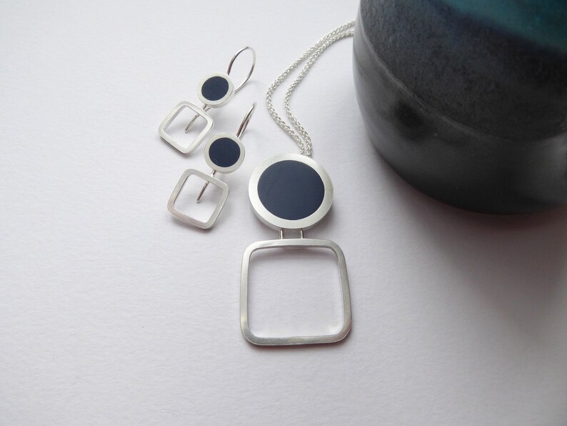 Ink Blue Circle Square Necklace Gift for Her Pop Square Dot Pendant image 6