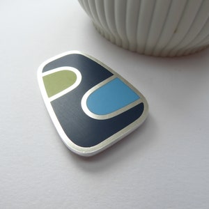 Oblong Brooch in Blue and Green Handmade Colour Block Resin Silver Brooch image 6