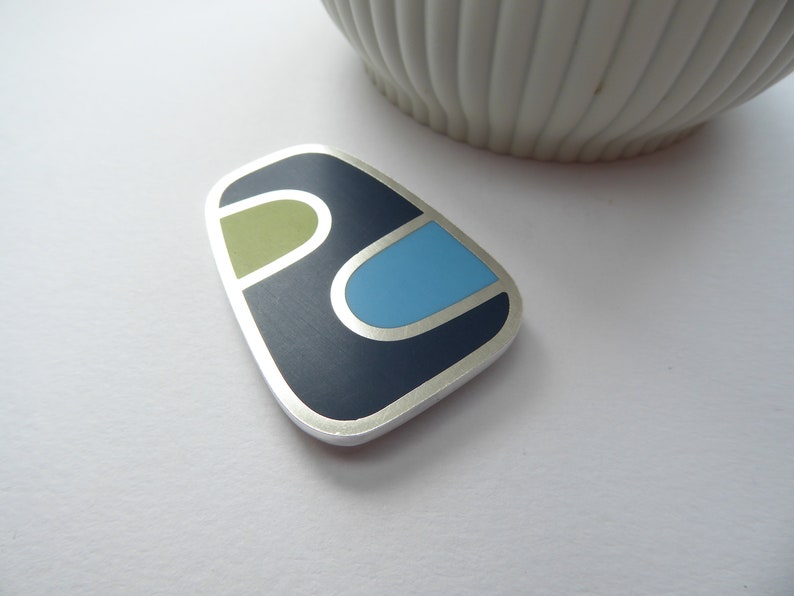 Oblong Brooch in Blue and Green Handmade Colour Block Resin Silver Brooch image 6