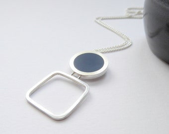 Ink Blue Circle Square Necklace  - Gift for Her - Pop Square Dot Pendant