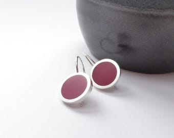 Burgundy Red Round Silver Earrings - UK Jewellery - Pop Short Drops
