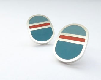 Oval Teal Blau & Orange Minimalist Silber Ohrringe - Loop Ohrstecker
