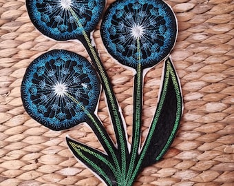 Dandelions and Leaves, Fully Embroidered with Diamantes, Large,   Iron On Patch