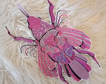 Large Pink Bug Sprinkled with Diamantes,  Fully Embroidered,  Iron-On Patch,  by Letzrock
